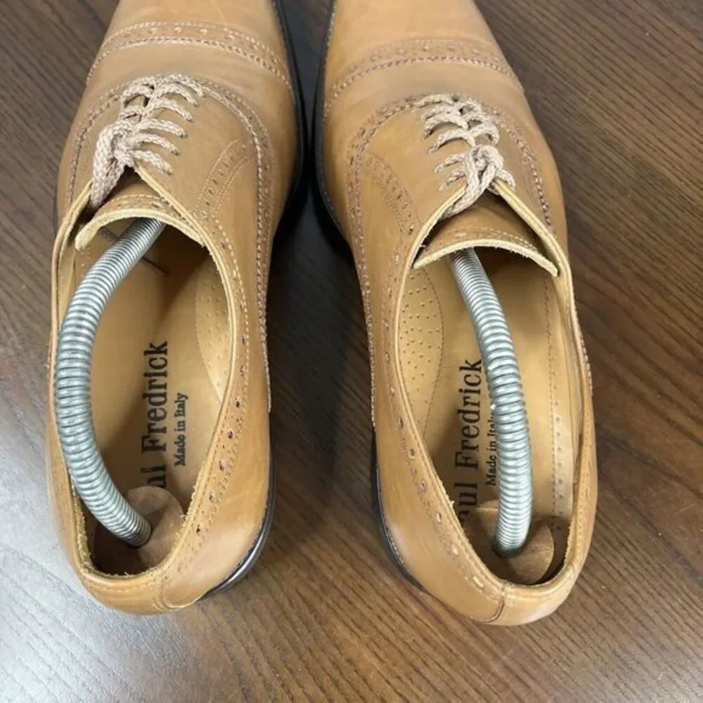 Paul Fredrick Oxford Shoes‎ Mens 8.5 Tan Brown Leather Cap Toe Brogue Made Italy